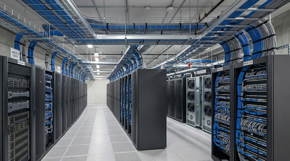 Cold-aisle data hall corridor